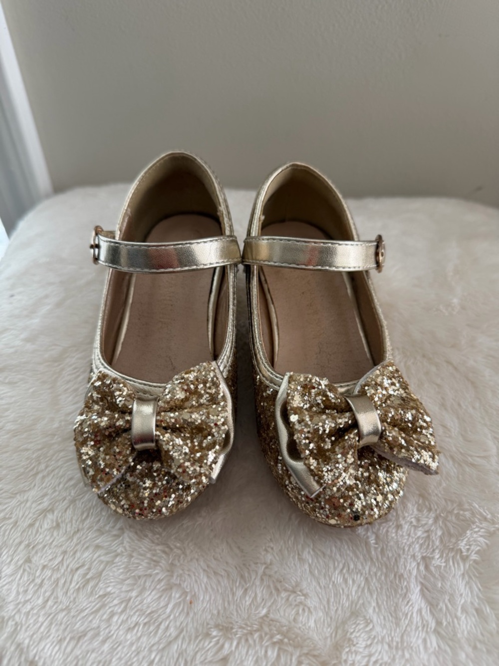 Girls Metallic Gold Glitter Bow Mary Jane Shoes